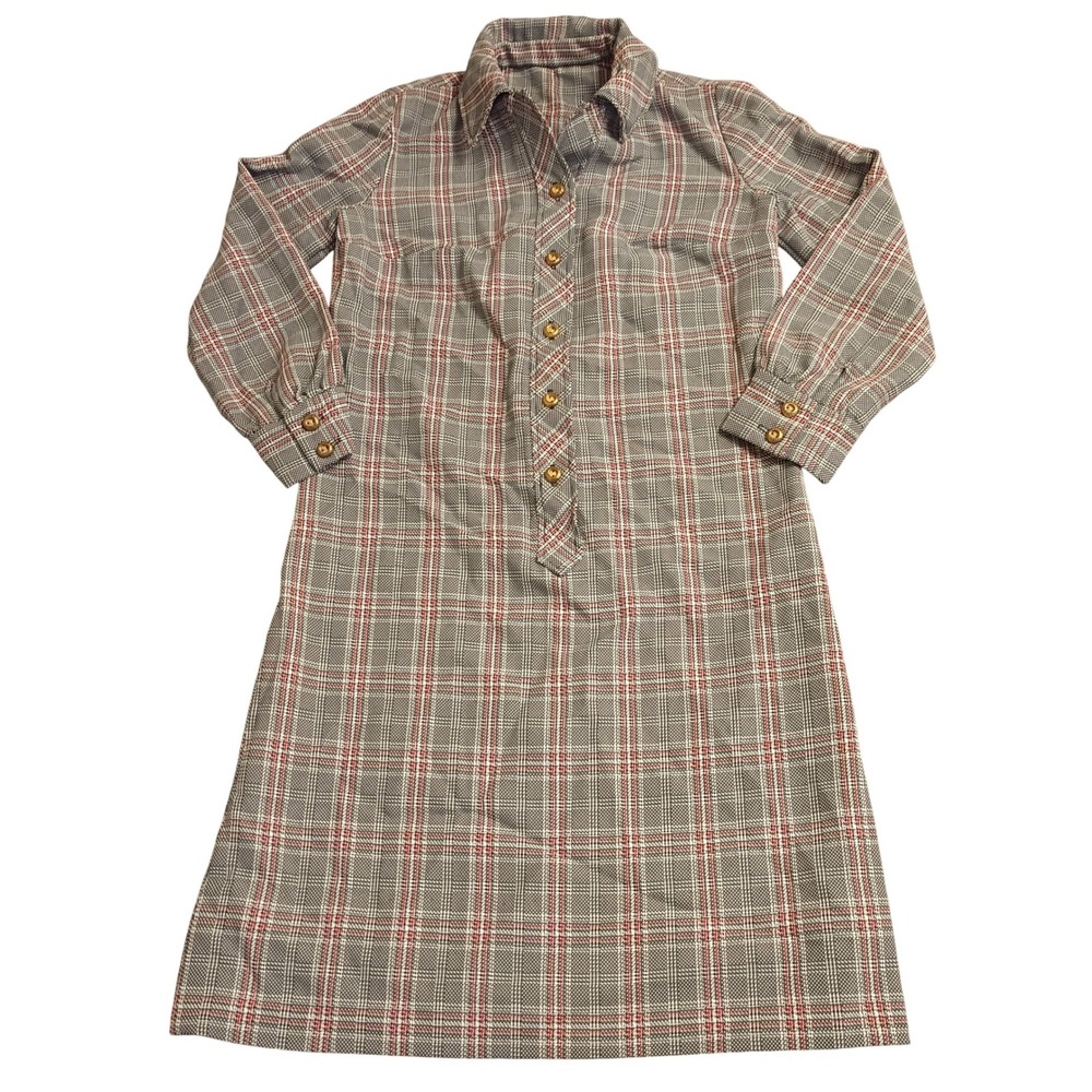 Vintage Glen Plaid Shirt Dress Womens M Grey Red Checkered Mod Retro A-Line